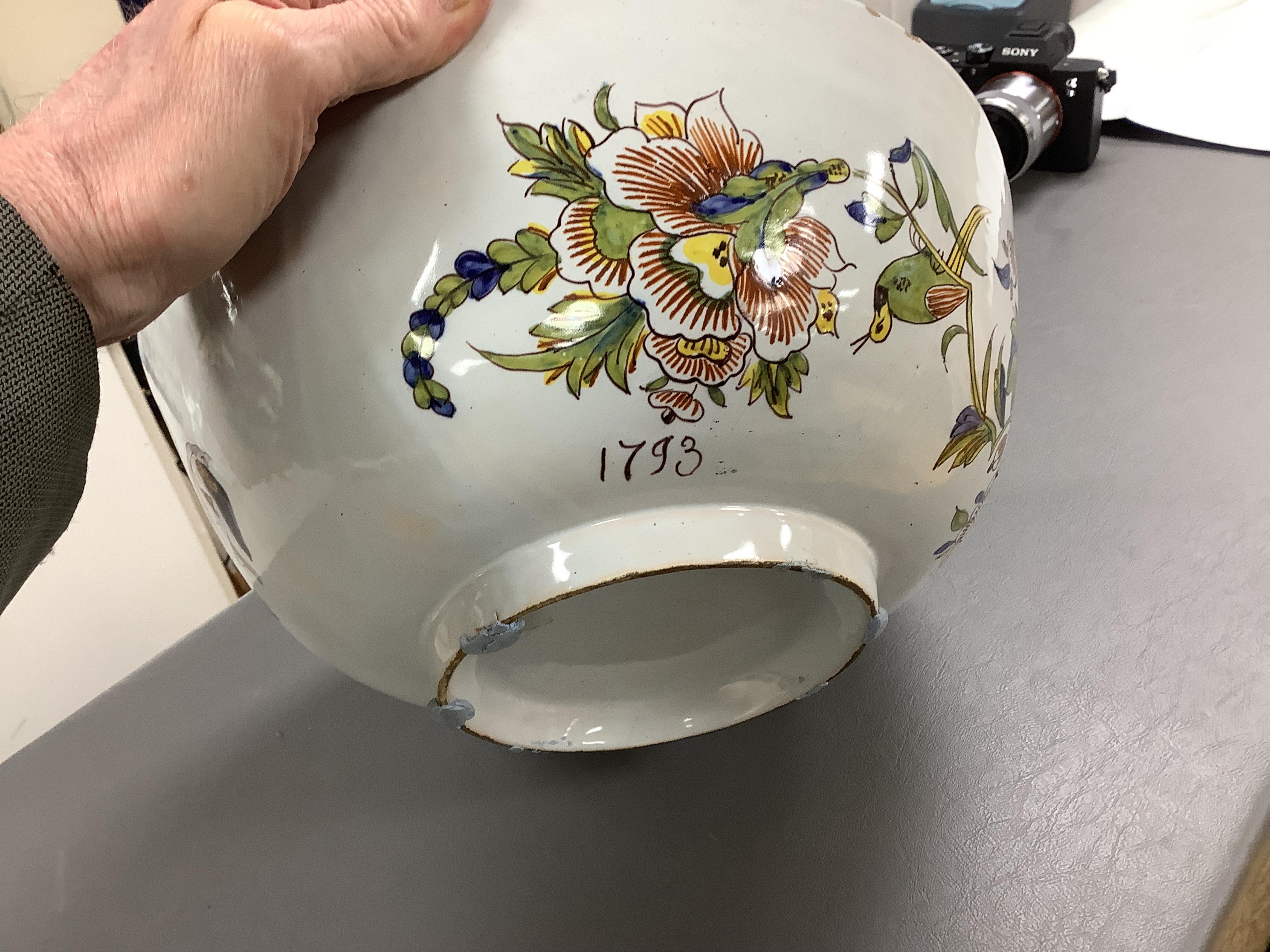 18th and 19th century faience including five chargers and large bowl, latter 30cm